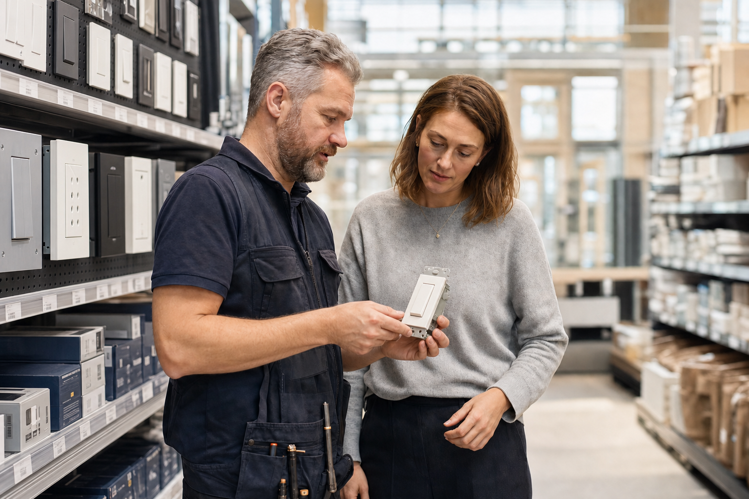 Retail associate and product strategist discussing an electrical product in a home-improvement aisle