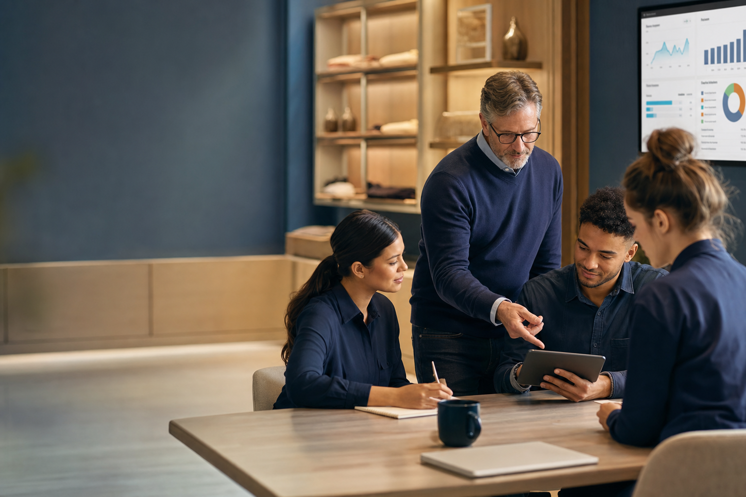 Retail trainer mentoring associates with a tablet and wall displays
